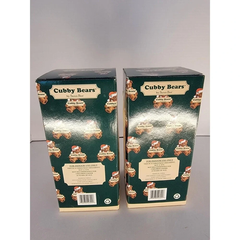Vintage 1997 Cubby Bears Santa's Best Glass Ornaments Pair NOS Boxed Bear